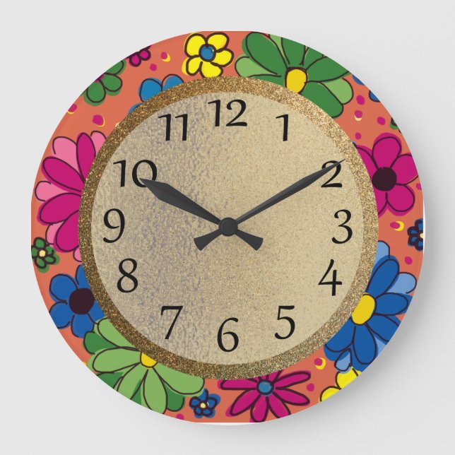 Green Yellow PInk Hand Drawn Flowers Orange Child Large Clock (Front)