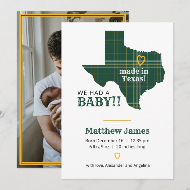 Green & Yellow Plaid Made In Texas Vertical Photo Announcement (Front/Back)