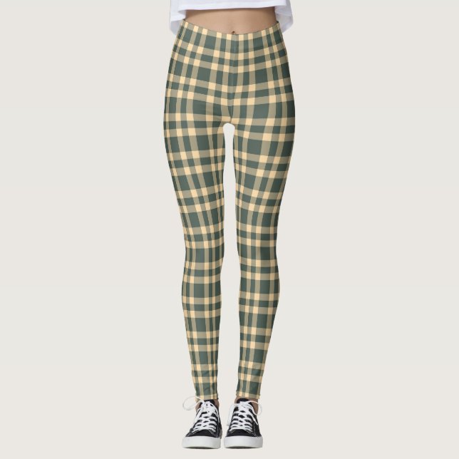 Green Yellow Plaid Pattern Leggings (Front)