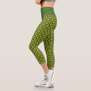 Green Yellow Plaid Pattern Tartan Chequered Trippy Capri Leggings