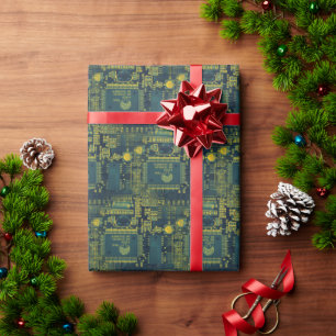 Green & Yellow Printed Circuit Pattern Cool Geeky Wrapping Paper