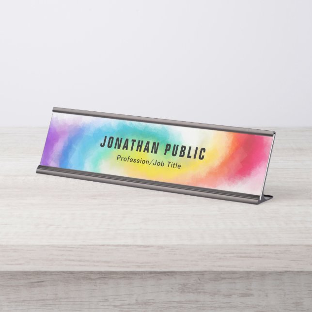 Green Yellow Red Blue Purple Rainbow Colours Moder Desk Name Plate (Front)