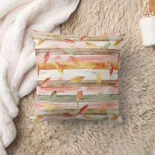 Green Yellow Red Pink Fall Leaves Stripes Cushion
