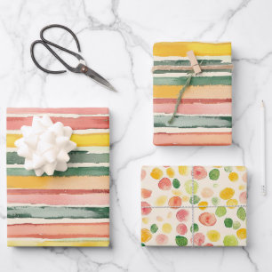 Green Yellow Red Pink Stripes Birthday Wrapping Paper Sheet