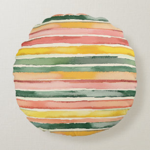 Green Yellow Red Pink Stripes Dots Round Cushion
