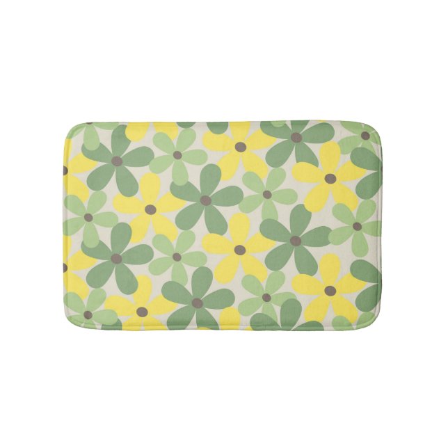 Green Yellow Retro Y2K 70s Flower Pattern Bath Mat (Front)