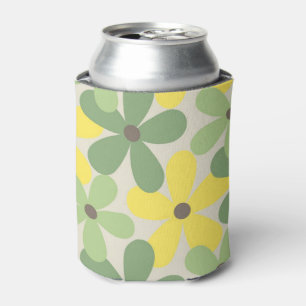 Green Yellow Retro Y2K 70s Flower Pattern Can Cooler