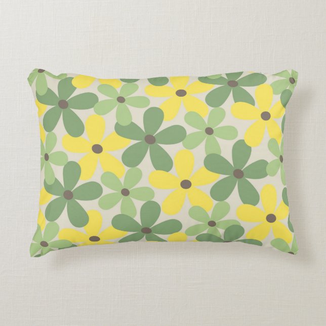Green Yellow Retro Y2K 70s Flower Pattern Decorative Cushion (Front)