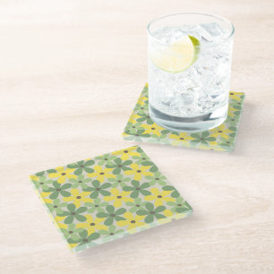 Green Yellow Retro Y2K 70s Flower Pattern Glass Coaster