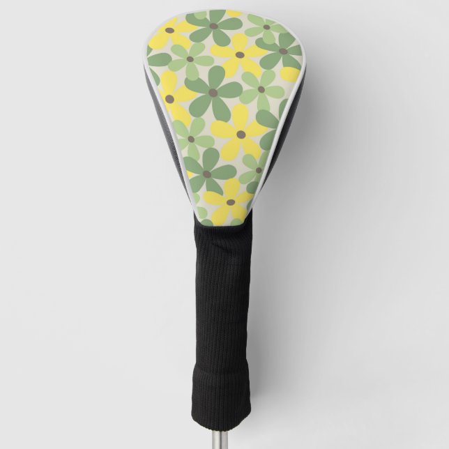Green Yellow Retro Y2K 70s Flower Pattern Golf Head Cover (Front)