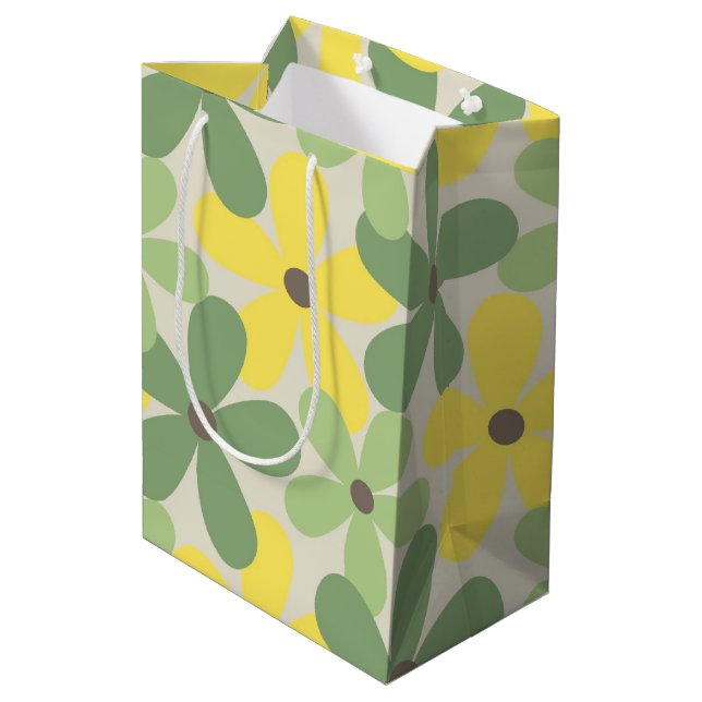 Green Yellow Retro Y2K 70s Flower Pattern Medium Gift Bag (Back Angled)