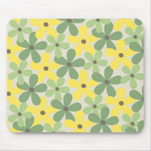 Green Yellow Retro Y2K 70s Flower Pattern Mouse Mat