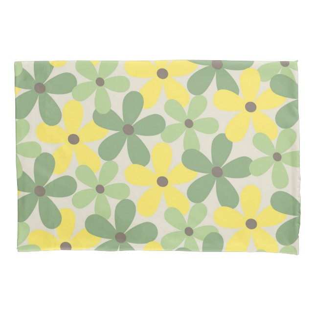 Green Yellow Retro Y2K 70s Flower Pattern Pillowcase (Front)