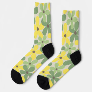Green Yellow Retro Y2K 70s Flower Pattern Socks
