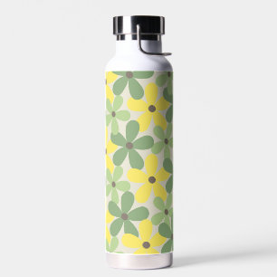 Green Yellow Retro Y2K 70s Flower Pattern Water Bottle