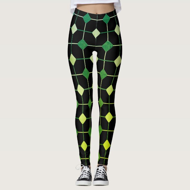 Green & Yellow Seamless Geometric Pattern on Black Leggings (Front)