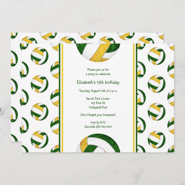 green yellow sporty girl volleyball birthday party invitation (Front/Back)