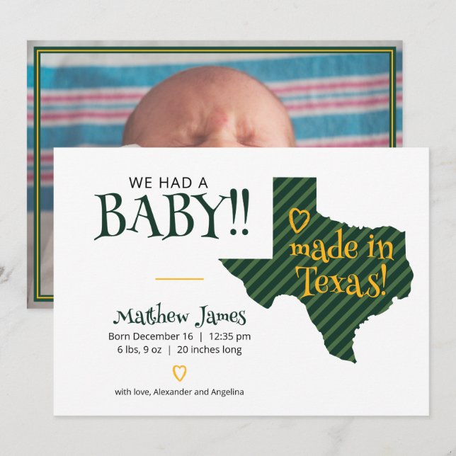 Green/Yellow Striped Made in Texas Photo Baby Announcement (Front/Back)
