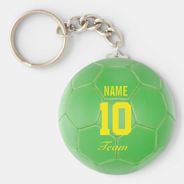Green Yellow Team Soccer Ball Personalized Name Key Ring (Front)