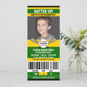 Green Yellow Ticket Style Baseball Birthday Party Invitation