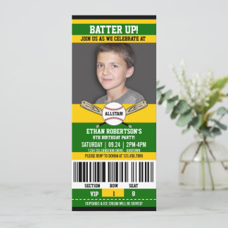 Green|Yellow Ticket Style Baseball Birthday Party Invitation
