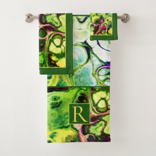 Green, yellow tie dye marble pattern and monogram bath towel set