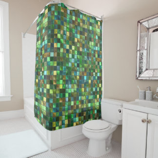 Green Yellow Tiled Abstract Square Pattern Mosaic Shower Curtain