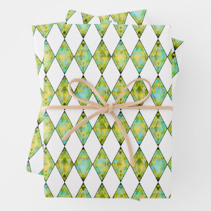 Green, Yellow & Turquoise Geometric Diamond Wrapping Paper Sheet
