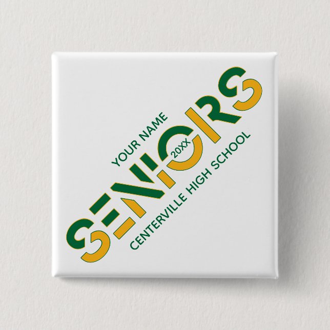 Green & Yellow Two-Colour Seniors Sliced Letters 15 Cm Square Badge (Front)