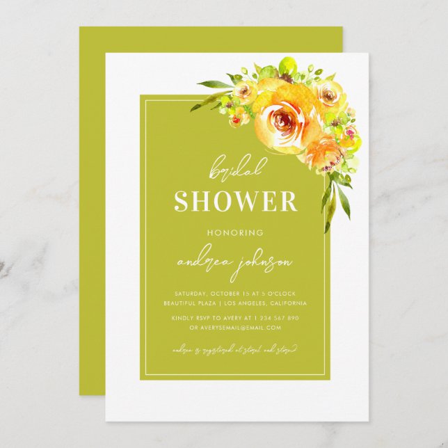Green & Yellow Vibrant Summer Garden Bridal Shower Invitation (Front/Back)