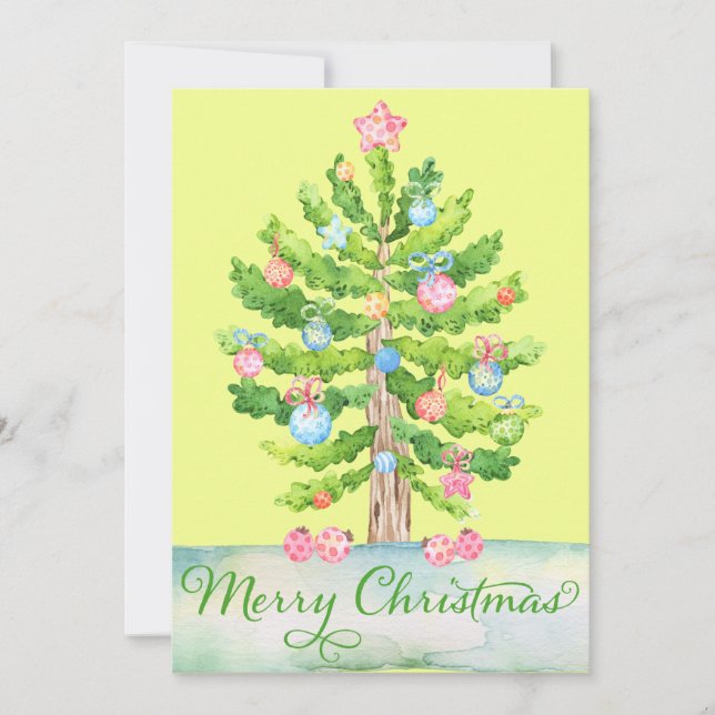 Green Yellow Watercolor Merry Christmas Tree Holiday Card (Front)