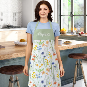 Green Yellow Watercolor Wildflower Custom Name Apron