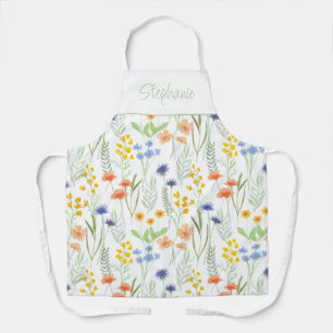 Green Yellow Watercolor Wildflower Custom Name Apron