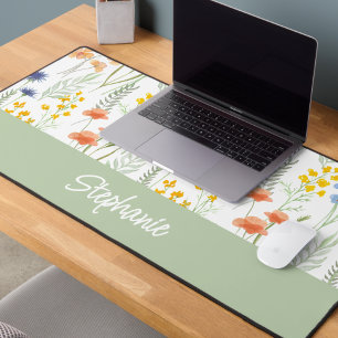 Green Yellow Watercolor Wildflower Monogram Name Desk Mat