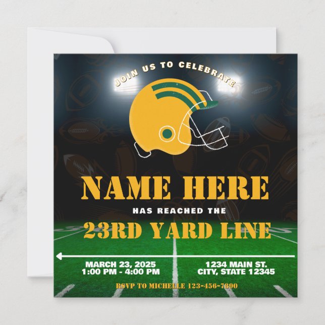 Green Yellow White Bay Football Team Birthday Invitation (Front)