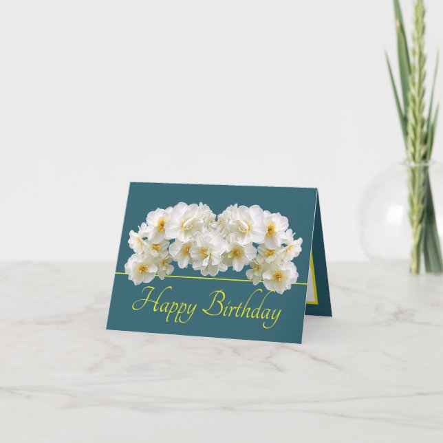 Green Yellow White Daffodil Bouquet Happy Birthday Card (Front)