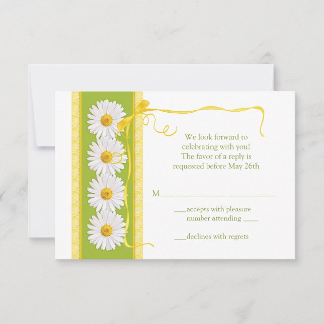 Green Yellow White Daisy Small Wedding Reply Card (Front)