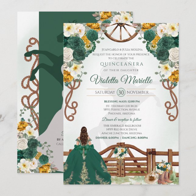 Green Yellow White Gold Western Charro Quinceanera Invitation (Front/Back)