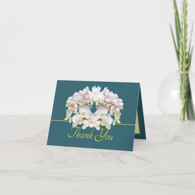 Green Yellow White Orchids Chic Bouquet Thank You Card (Front)