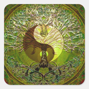 Green Yin Yang Mandala with Tree of Life Square Sticker