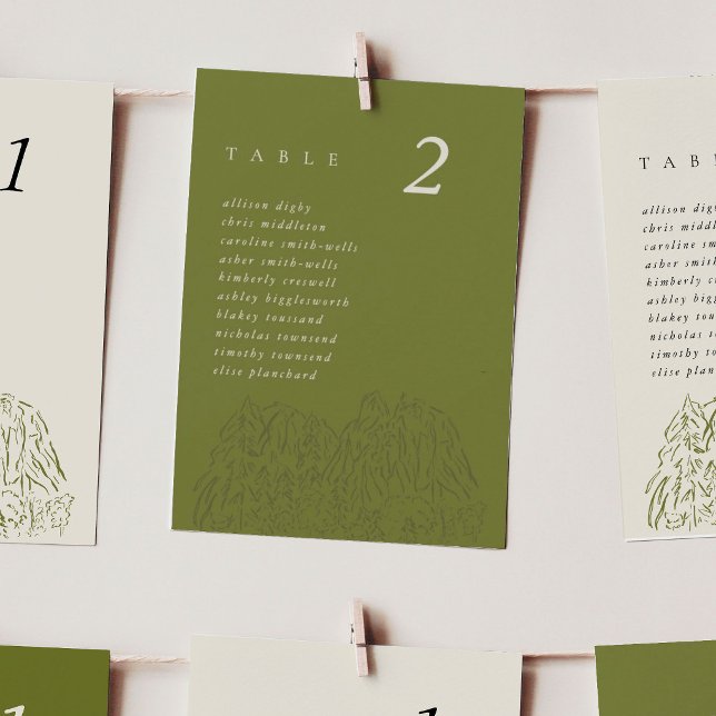 Green Yosemite National Park Wedding Table Cards (Earthy Moss Green Yosemite National Park Mountain Range 5x7" Seating Chart Wedding Table Cards)