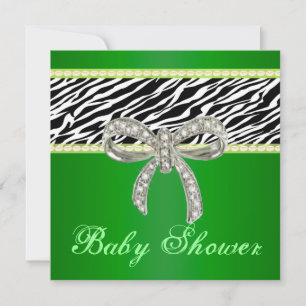Green Zebra Diamond Bow Baby Shower Invitation