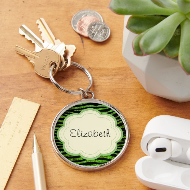 Green Zebra, Glitter Zebra, Zebra Print, Your Name Key Ring (Desk)
