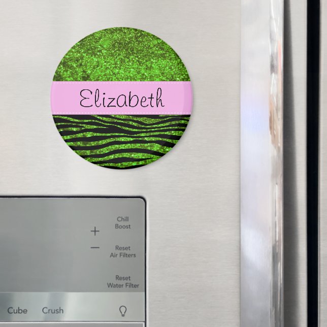 Green Zebra, Glitter Zebra, Zebra Print, Your Name Magnet (In Situ (Fridge))