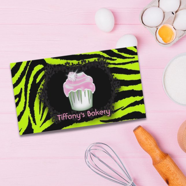 green zebra print baker bakery Pink Cupcake Business Card (Lime green zebra print bakery Pink Cupcake Business Card)