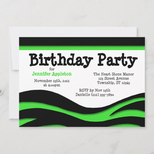 Green Zebra Print Waves Birthday Invitations (Front)