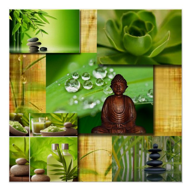 Green Zen & Buddha Serenity Collage Poster (Front)