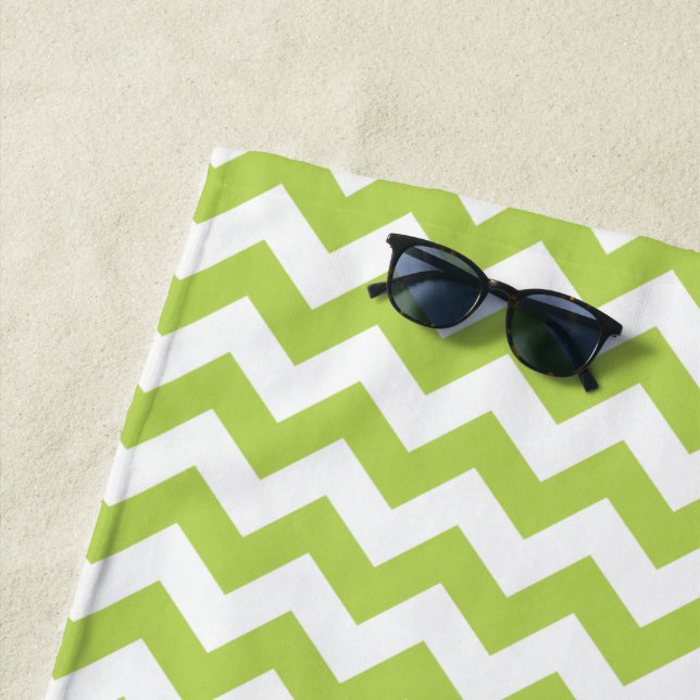 Green Zigzag, Green Chevron, Geometric Pattern Beach Towel (In Situ)