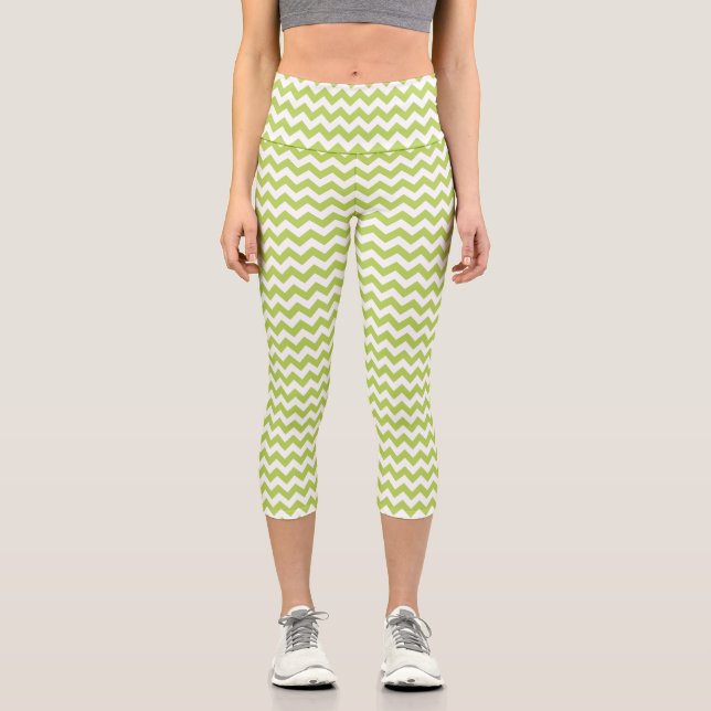 Green Zigzag, Green Chevron, Geometric Pattern Capri Leggings (Front)