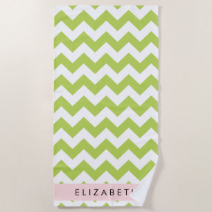 Green Zigzag, Green Chevron, Your Name Beach Towel